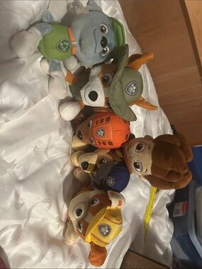 Six members of the Paw Patrol characters plush toys.